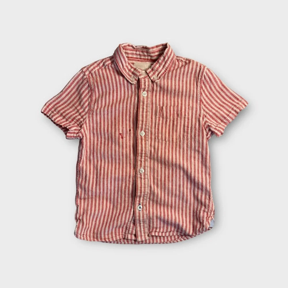 Mini Boden Red Striped Linen Button Down Short Sleeve Shirt